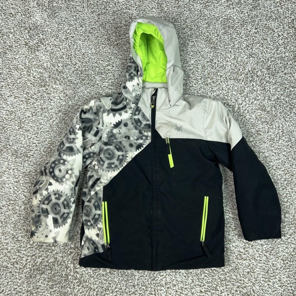 Spyder Jacket Boys 8 Black Grayā Hooded Ski Winter Gear Print Insulated Coat